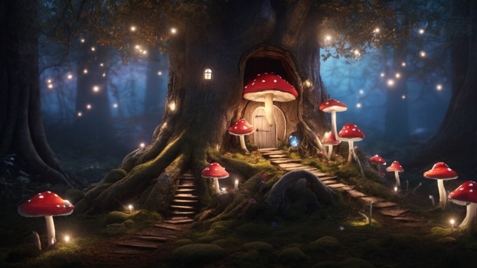 a tree with a house and mushrooms