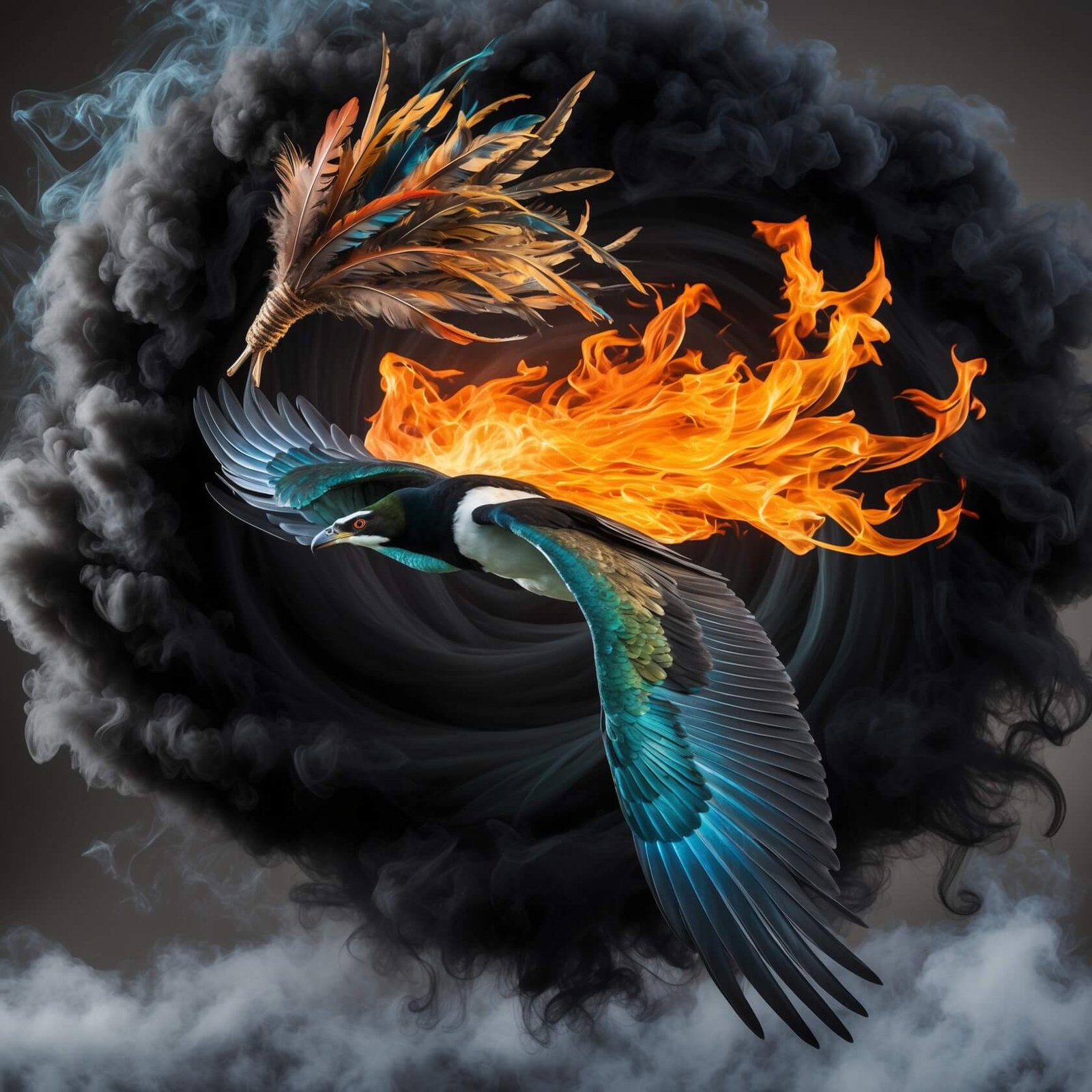 a bird flying in the air with fire and smoke