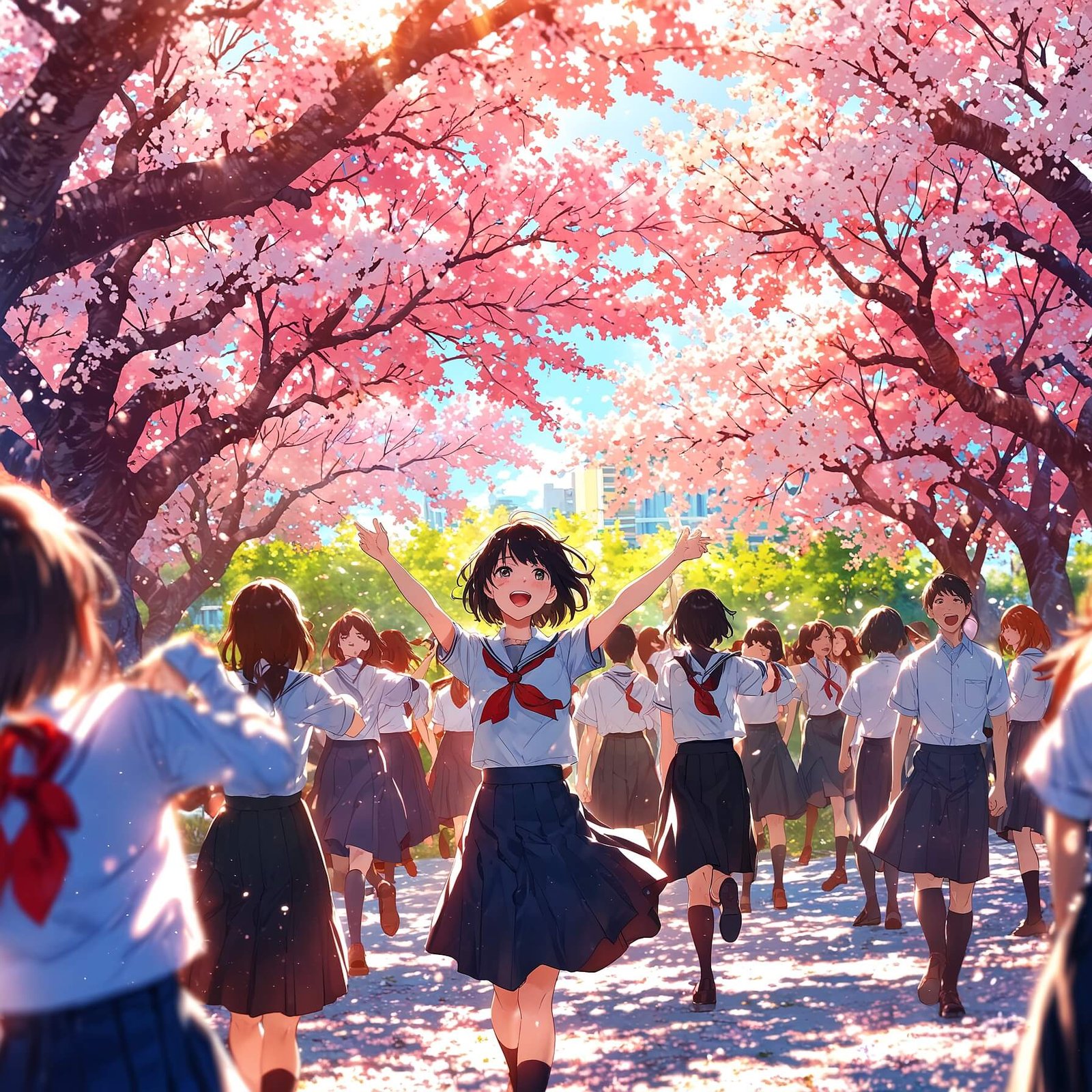 a group of girls in school uniforms walking on a path with cherry blossoms