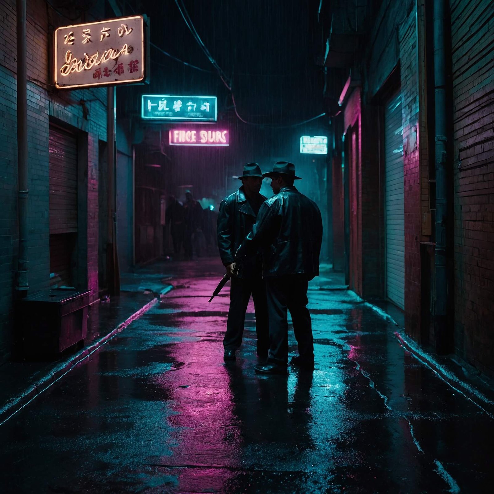 two men standing in a dark alley