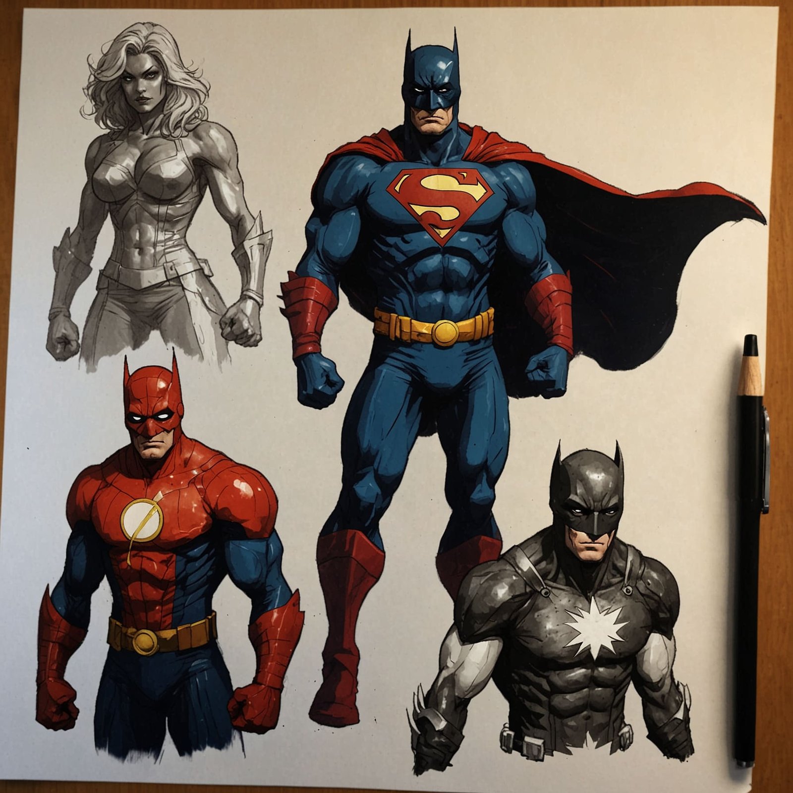 a drawing of superheroes on a paper