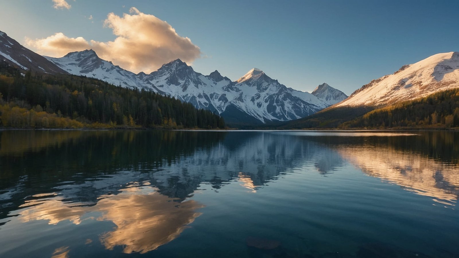 a lake with snow covered mountains and trees