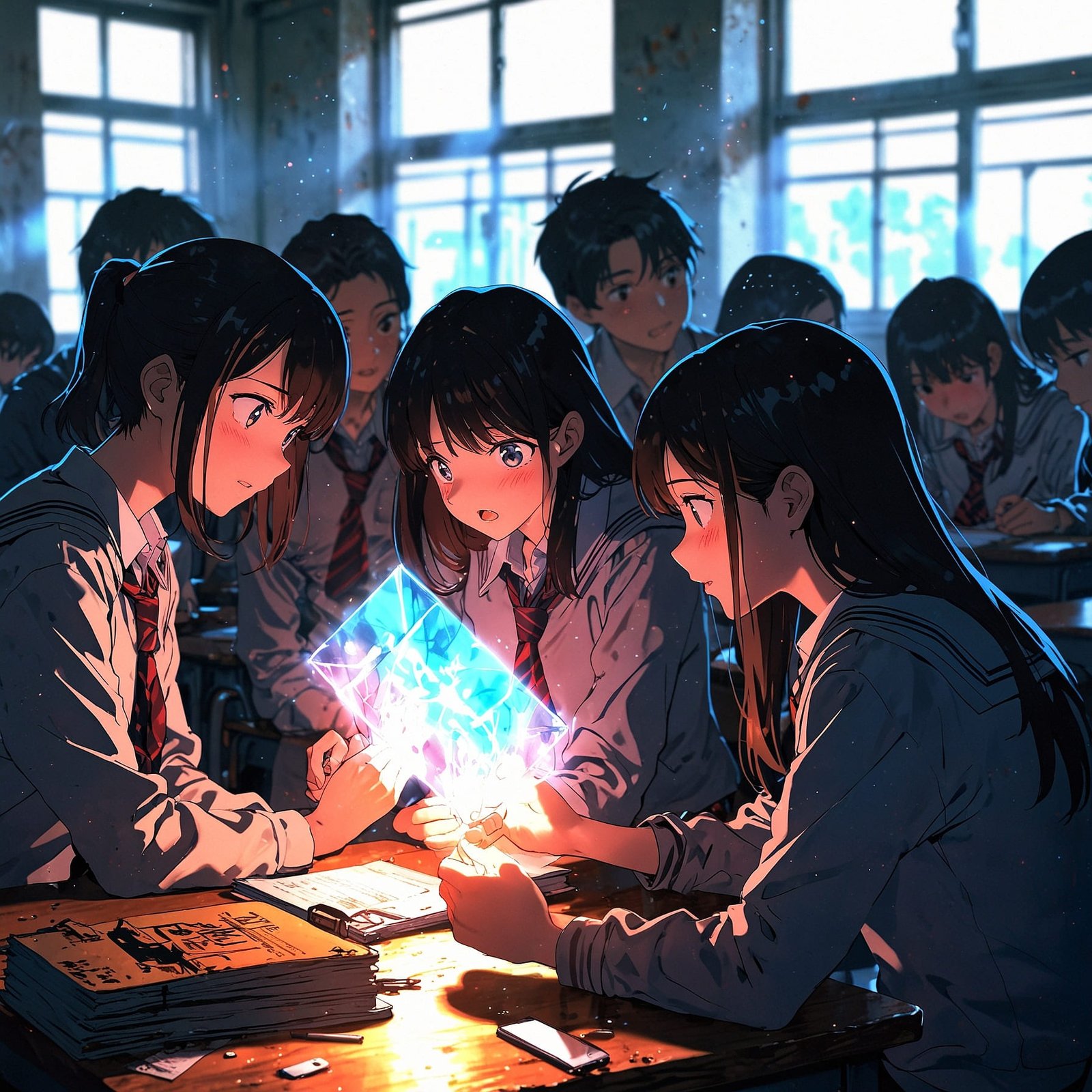 a group of girls sitting at a table looking at a crystal box